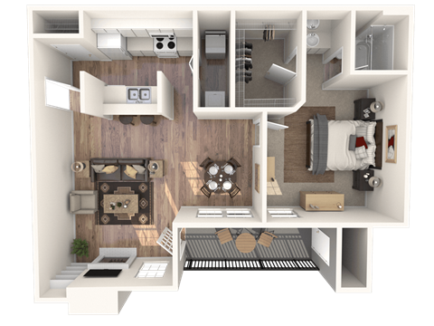 A 3D rendered image of a modern apartment layout.